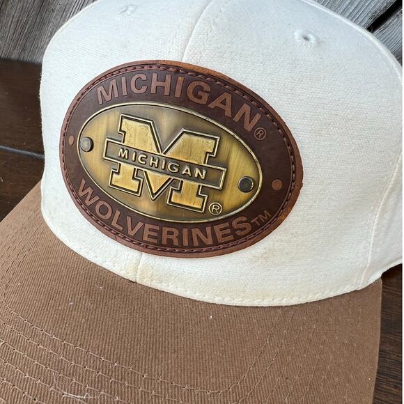 VTG Michigan Wolverines Snapback Hat Tan Brown Leather Patch NCAA - Picture 3 of 9